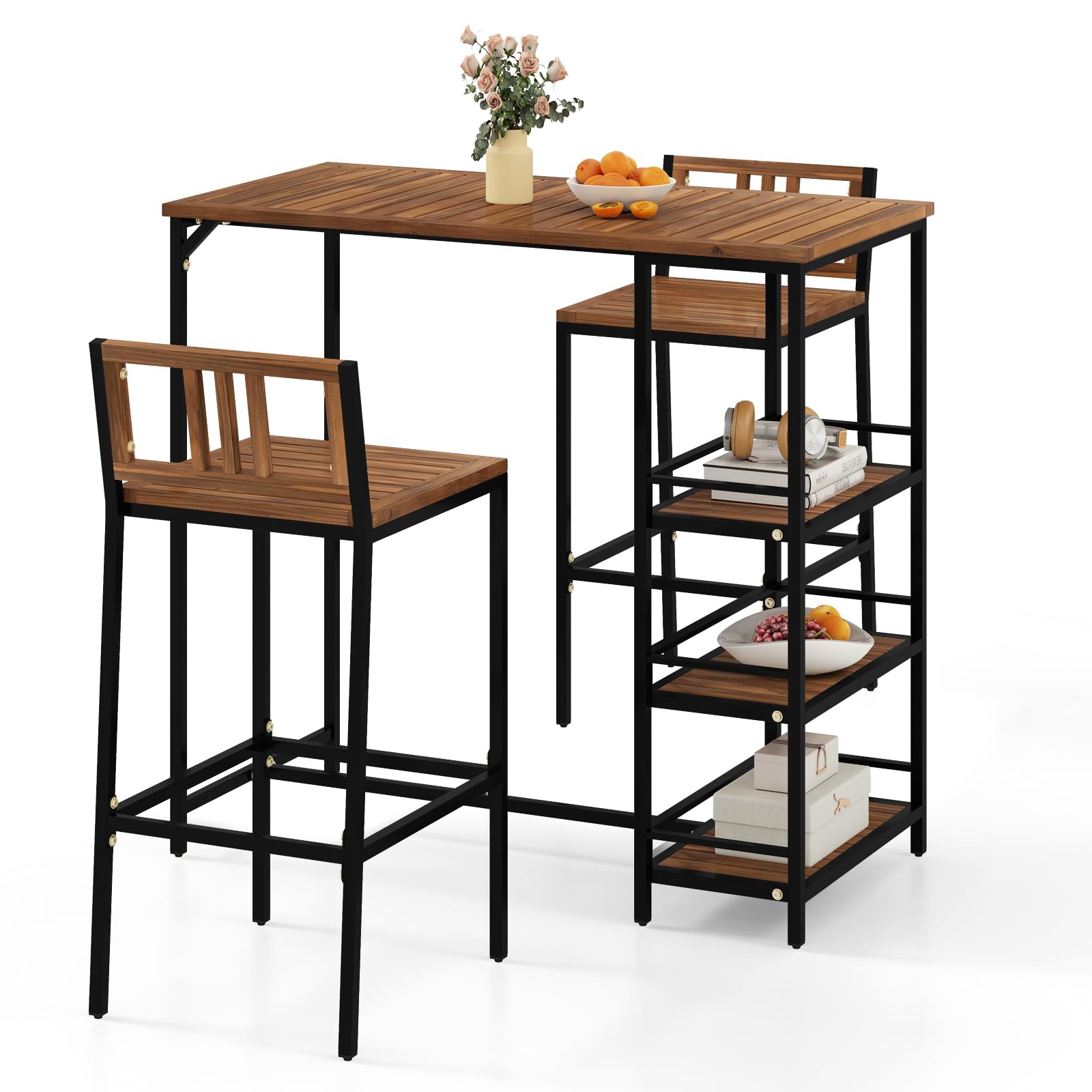 Tangkula 3 Pieces Wood Patio Bar Set with 3 Shelves